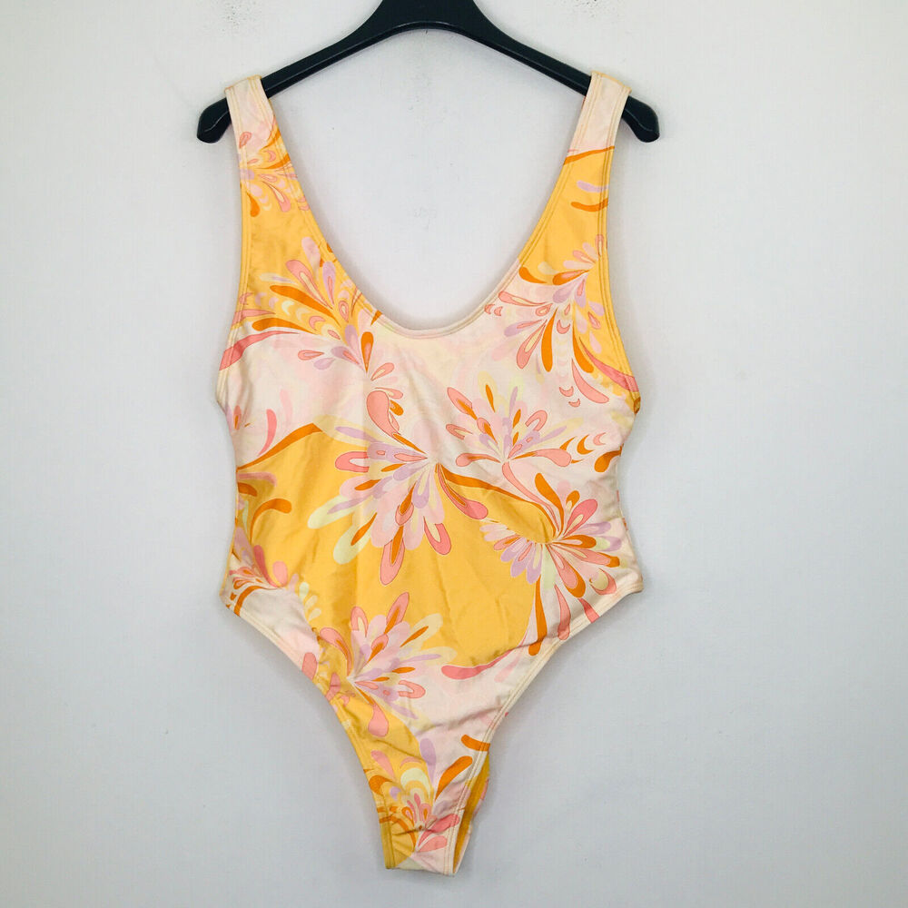 River Island Women's 14 Swimsuit Orange Scoop Neck Floral One-piece NWOT CB4
